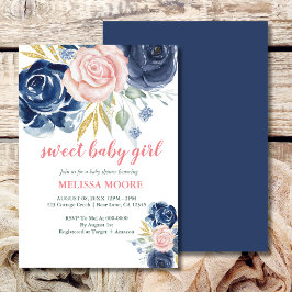 Lief baby meisje bloemenmarineblauw roze baby show kaart