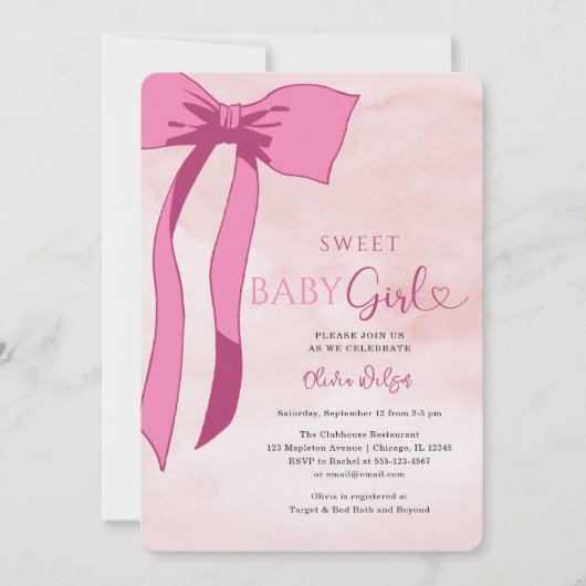 Lief Baby Meisje Blush Roze Bow Baby shower Kaart (Voorkant)