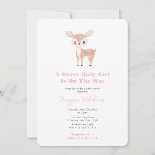 Lief Baby Meisje Fawn Baby shower Party Kaart (Voorkant)