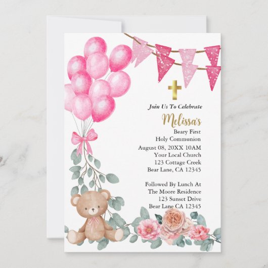 Lief Baby Meisje Roze Ballon Eerste Heilige Commun Kaart (Voorkant)