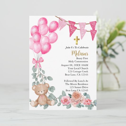Lief Baby Meisje Roze Ballon Eerste Heilige Commun Kaart (Staand voorkant)