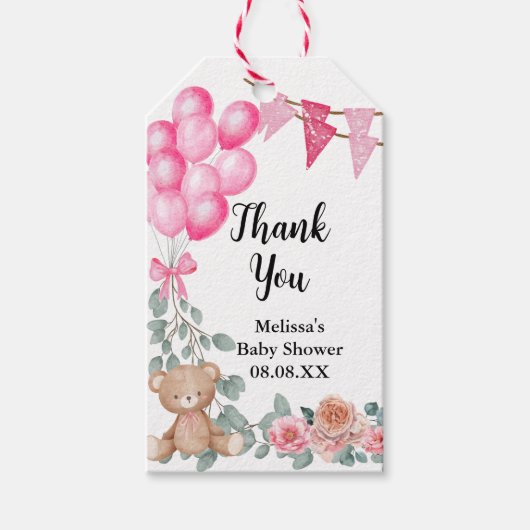 Lief Baby Meisje Roze Ballon Eucalyptus Custom Cadeaulabel (Voorkant)