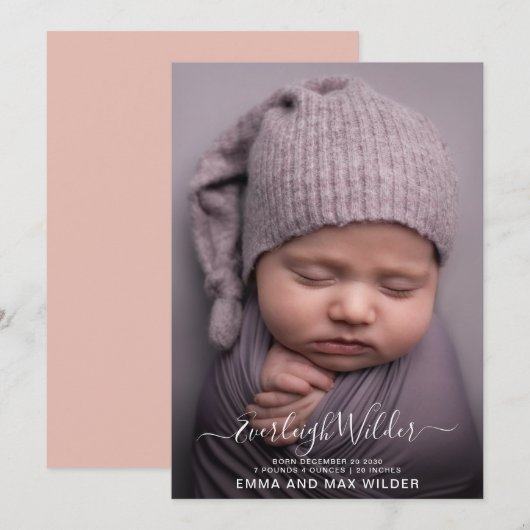 Lief babyfoto script overlay geboorte aankondiging (Voorkant / Achterkant)