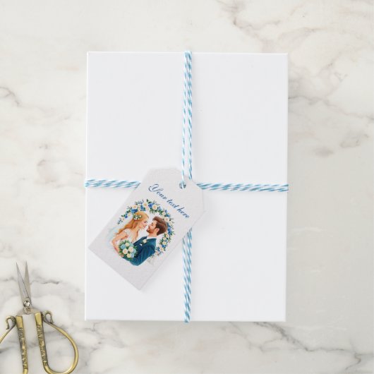 Lief blauw bruidspaar aanpasbaar cadeaulabel (Met Touw)