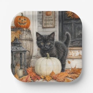 Lief boerderijhuis zwart kat en pompoen Halloween Papieren Bordje