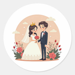 Lief Bruidspaar in Sprookjesstijl – Kawaii Stijl Ronde Sticker