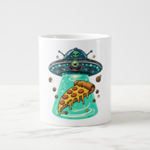 Lief buitenaards UFO dat pizza opstraalt, grappige Grote Koffiekop