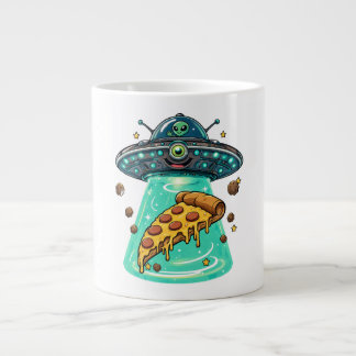 Lief buitenaards UFO dat pizza opstraalt, grappige Grote Koffiekop