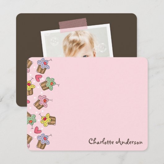 Lief Cherry Cupcakes Chic Meisje Verjaardag Dank u Notitiekaartje (Voorkant / Achterkant)