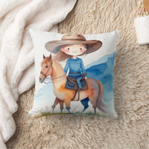 Lief Cowgirl Meisje dat op Paard Rijdt Waterverf O Kussen