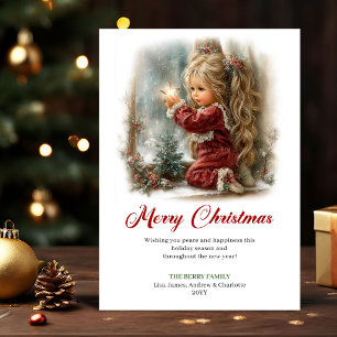 Lief Cute Klein Meisje Kerst Scene Groetkaart Feestdagenkaart