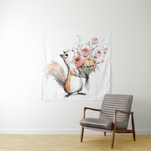 Lief Eekhoorntje met Bloemenboeket Wandkleed
