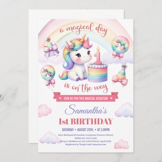 Lief Eenhoorn Waterverf Roze Meisje 1e Verjaardag Kaart (Voorkant / Achterkant)