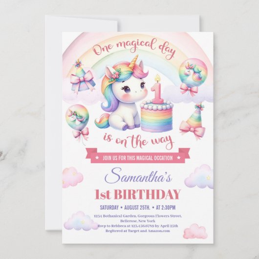 Lief Eenhoorn Waterverf Roze Meisje 1e Verjaardag Kaart (Voorkant)