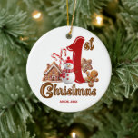 Lief eerste Kerstmis Keramisch Ornament<br><div class="desc">Chocolade Eerste Kerstmis met de sneeuwman,  gemberbroodman,  gemberbroodhuis,  en suikerriet.</div>