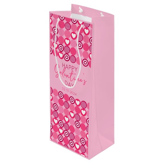 Lief Galentine's Day Roze Hart en Bloem Patroon Wijn Cadeautas (Achterkant Gekanteld)