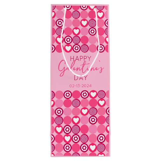 Lief Galentine's Day Roze Hart en Bloem Patroon Wijn Cadeautas (Achterkant)