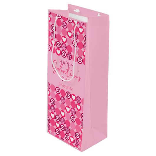 Lief Galentine's Day Roze Hart en Bloem Patroon Wijn Cadeautas (Voorkant Gekanteld)