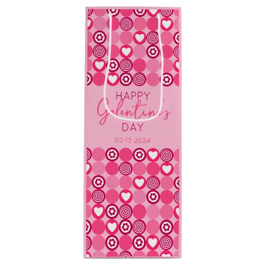 Lief Galentine's Day Roze Hart en Bloem Patroon Wijn Cadeautas (Voorkant)