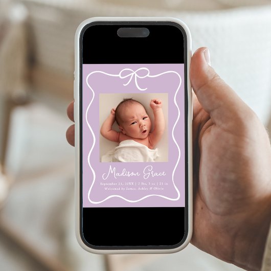 Lief Geboortekaartje met Lavendel Roze Strik voor  Aankondiging