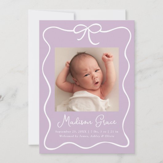 Lief Geboortekaartje met Lavendel Roze Strik voor  Aankondiging (Voorkant)