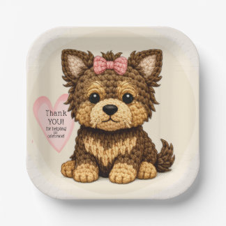 Lief gebreid puppy met strik feestillustratie papieren bordje
