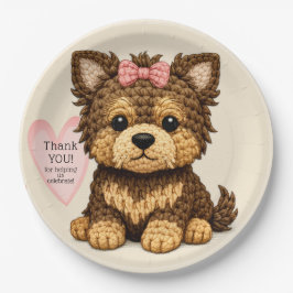 Lief gebreid puppy met strik feestillustratie papieren bordje