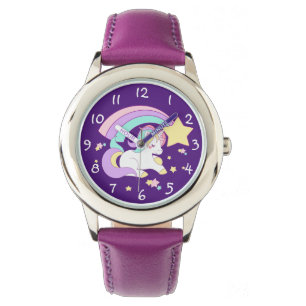Lief Grappig Cartoon Regenboog Eenhoorn Met Nummer Horloge