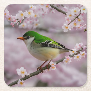 Lief groen vogeltje in een witte bloeiende boom kartonnen onderzetters