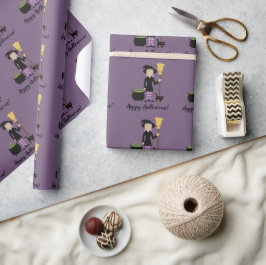 Lief heksemeisje met een kat & Gelukkig Halloween- Cadeaupapier
