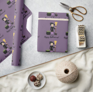 Lief heksemeisje met een kat & Gelukkig Halloween- Cadeaupapier