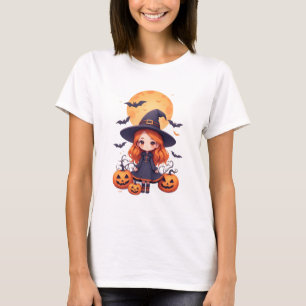 Lief Heksemeisje Met Pompoenen en Vleermuizen T-shirt