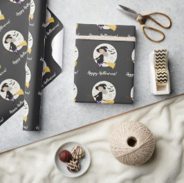 Lief heksemeisje vliegt & Gelukkig Halloween-tekst Cadeaupapier