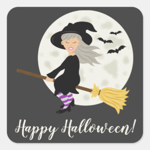 Lief heksemeisje vliegt & Gelukkig Halloween-tekst Vierkante Sticker