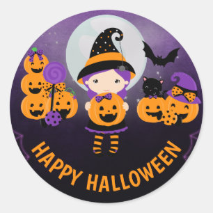 Lief heksje en pompoenen Fijne Halloween Ronde Sticker