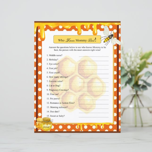 Lief Honeybee Baby shower die weet mama spel (Staand voorkant)