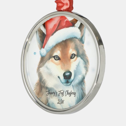 Lief Husky Puppy in Sneeuw Eerste Kerstmis Metalen Ornament (Links)