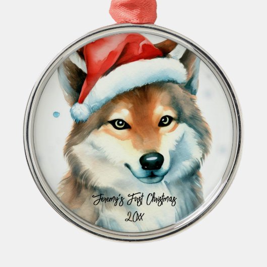 Lief Husky Puppy in Sneeuw Eerste Kerstmis Metalen Ornament (Voorkant)