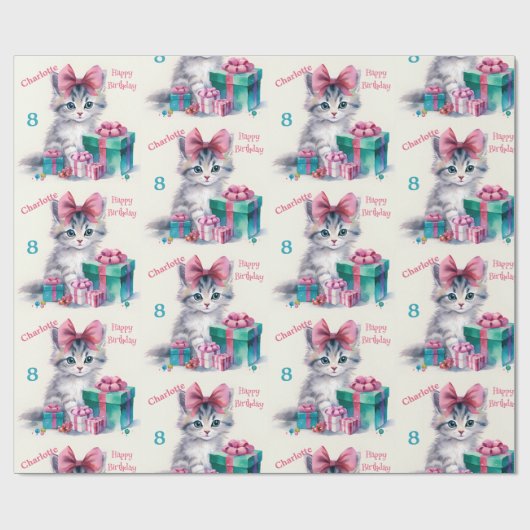 Lief Kat Happy Birthday Meisje's Naam Leeftijd Cadeaupapier (Vlak)