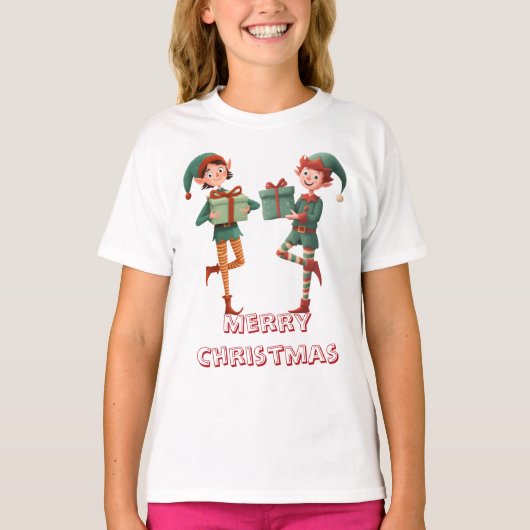 Lief Kerstelfje met Cadeau Doos T-shirt (Voorkant)