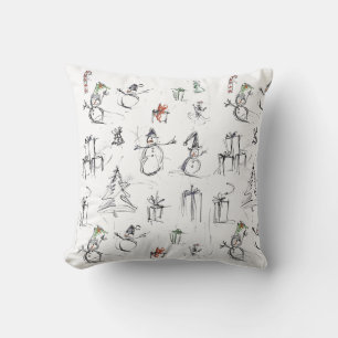 Lief kerstpatroon met sneeuwman, boom en cadeau kussen