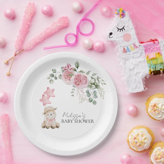 Lief klein lam meisje roze rozen bloemen groen papieren bordje (Feest)