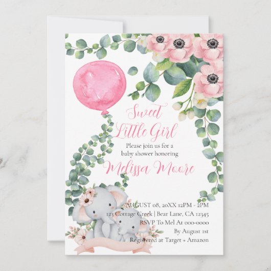 Lief klein meisje roze ballon eucalyptus olifant kaart (Voorkant)