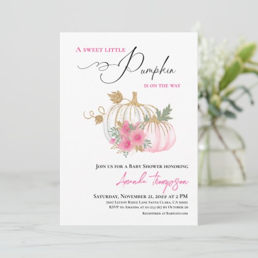 Lief klein pompoen goud roze Baby shower Kaart (Staand voorkant)