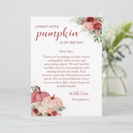 Lief klein pompoen herfst Baby shower Bedankkaart (Staand voorkant)
