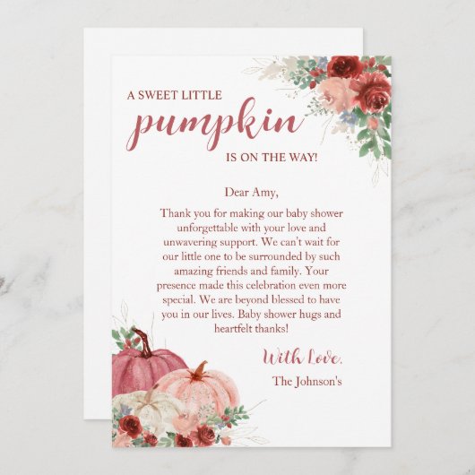 Lief klein pompoen herfst Baby shower Bedankkaart (Voorkant / Achterkant)