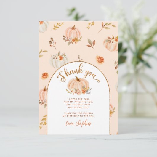 Lief klein pompoen verjaardag dank u kaart (Staand voorkant)