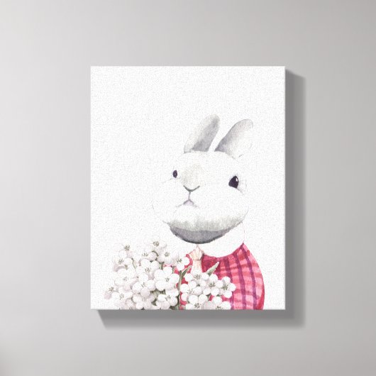 Lief Konijn Bloem Vasthoudend Bos Nursery Decor Canvas Afdruk (Voorkant)