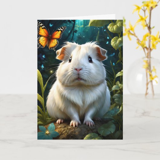 Lief konijn cavia in bos met vlinder blanco kaart (Gele Bloem)