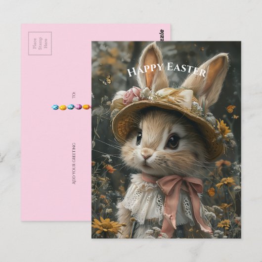 Lief konijn strohoed bloemen kant briefkaart (Voorkant / Achterkant)